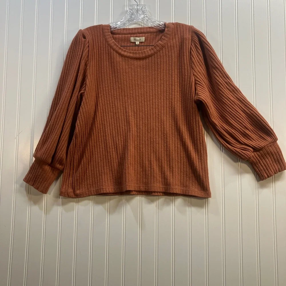 Madewell Ribbed Balloon Sleeve Top Rust Orange Crew Neck Knit Shirt Womens Large